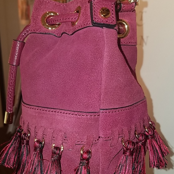 MILLY BURGUNDY TASSEL FRINGE MINI SUEDE BUCKET BAG - Picture 3 of 8